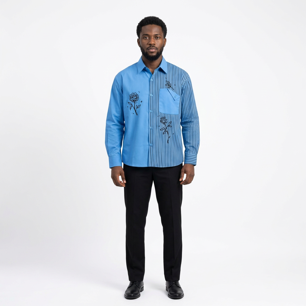 Full-body adult Black man wearing a blue pinstripe rose-print shirt