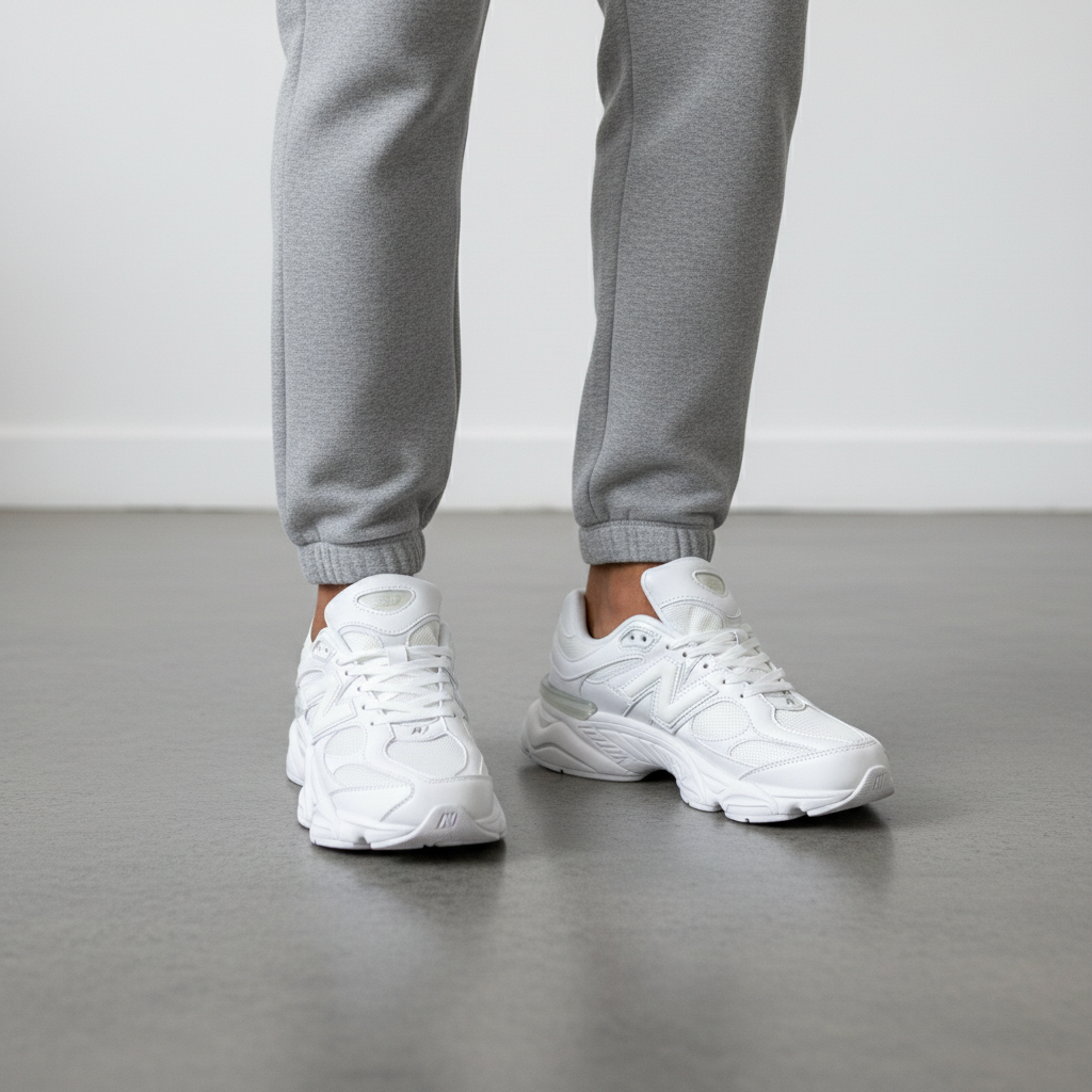 New Balance 9060 Triple White Sneaker - Model Shot
