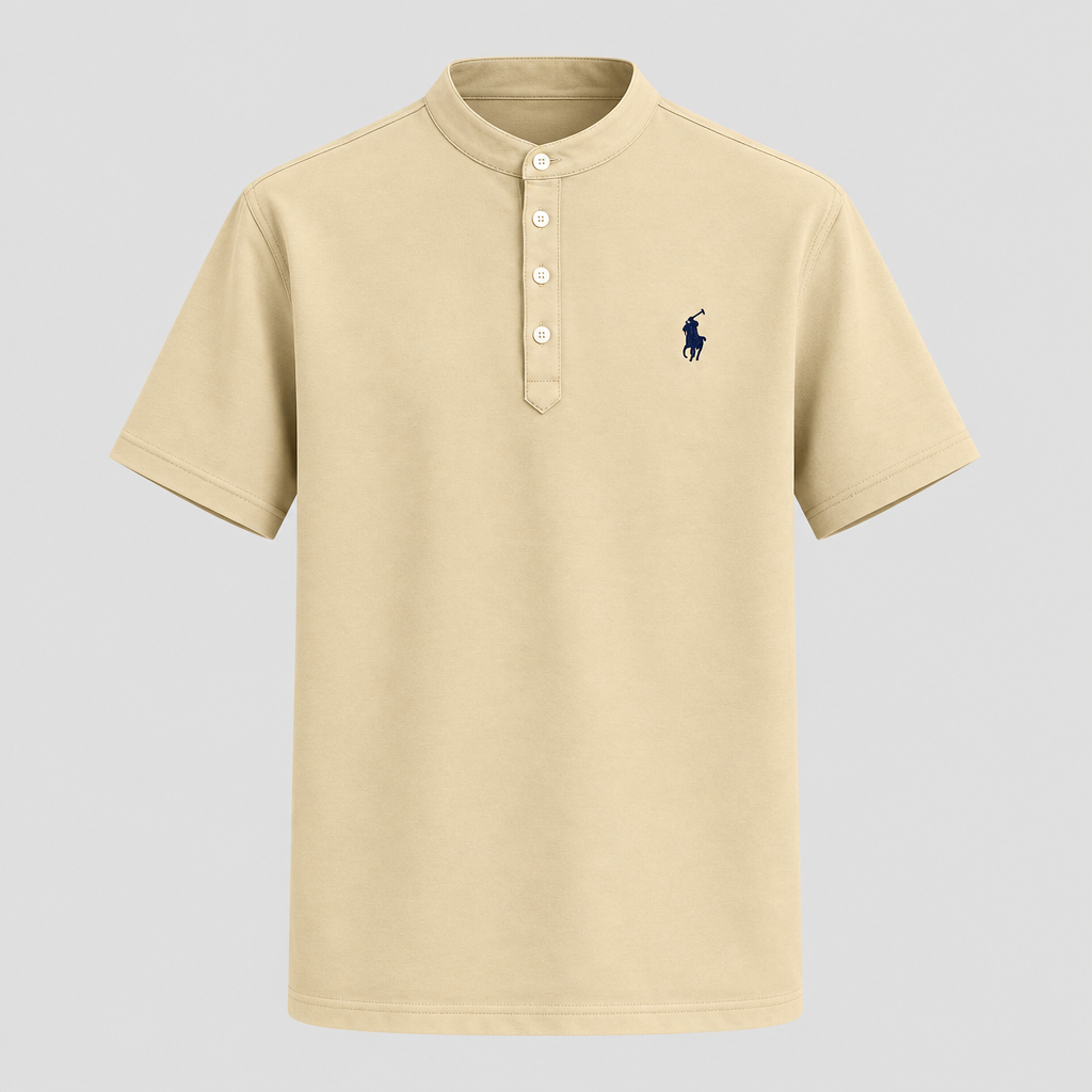 Light beige stand-collar shirt ghost mannequin front view