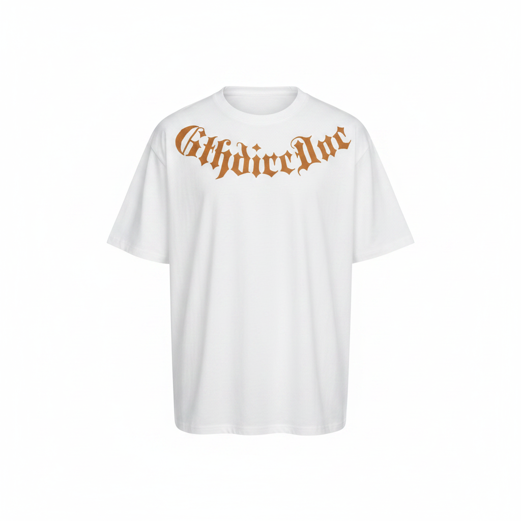 Unisex white gothic calligraphy arc graphic tee – ghost mannequin front view