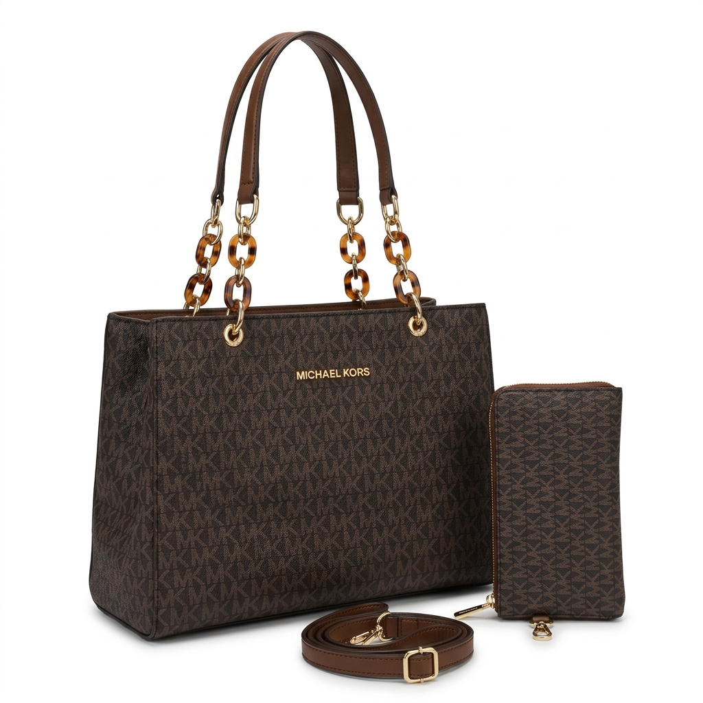 Brown monogram tote with matching zip purse and separate brown strap on white background