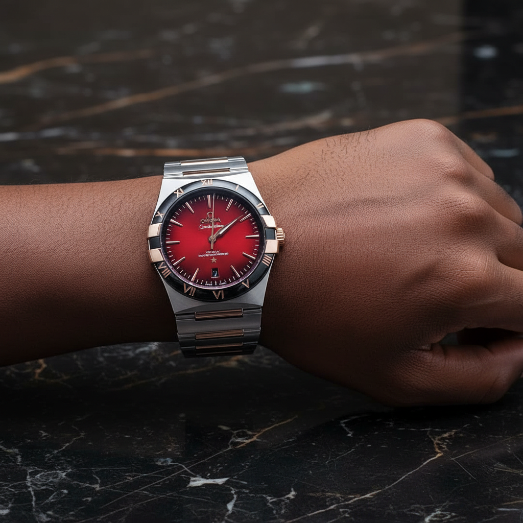 Nigerian man wearing Co-Axial red sunburst dial watch with rose gold accents, wrist close-up