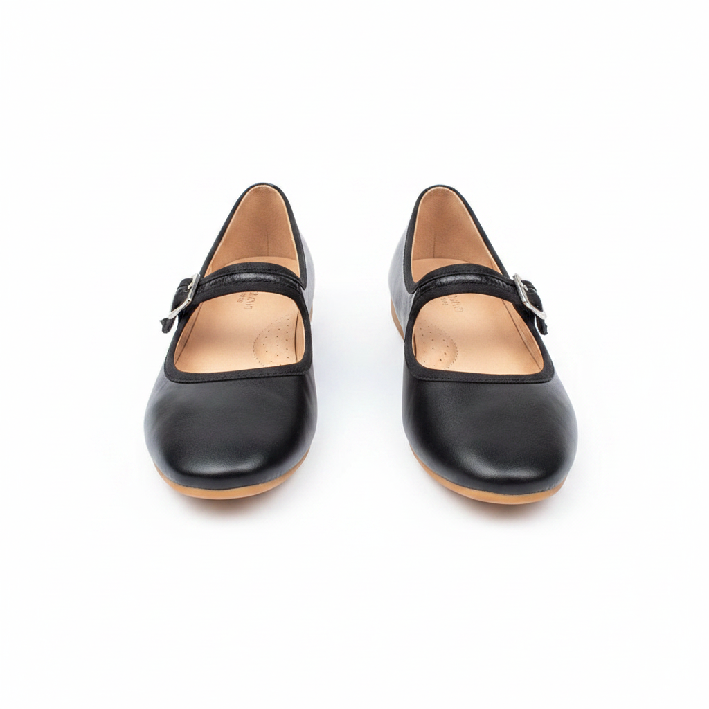 Pair of black leather Mary Jane flats with ankle strap and silver buckle on white background