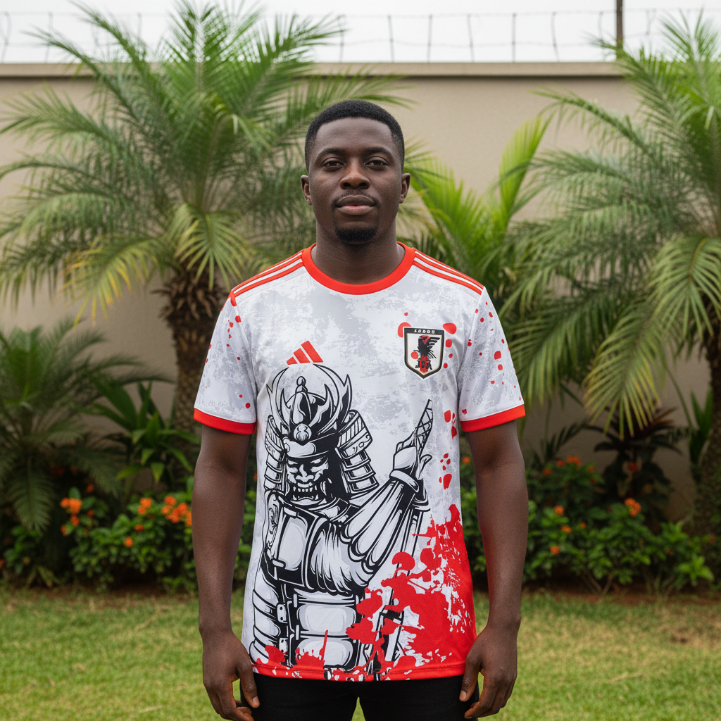 White samurai graphic red splatter football jersey on Nigerian male model