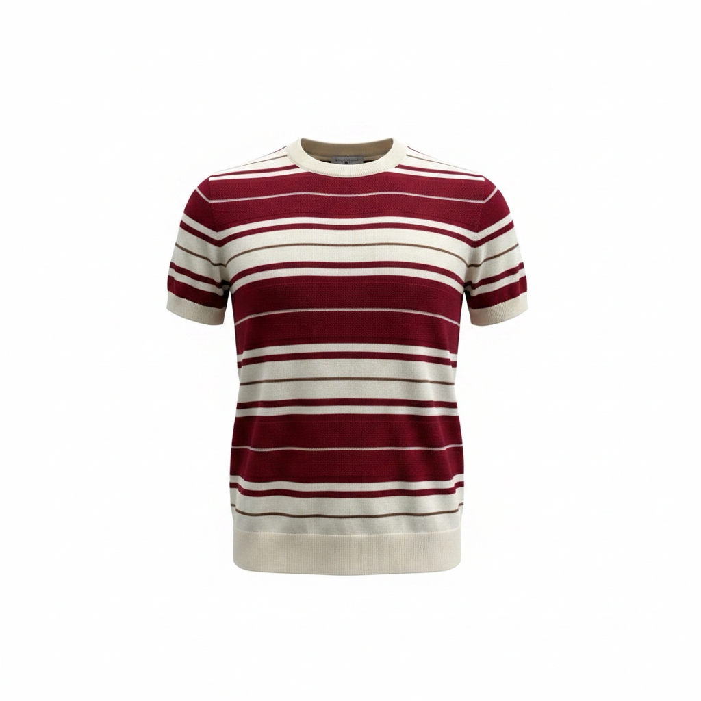Burgundy tan accent stripe knit crewneck sweater tee ghost mannequin front view