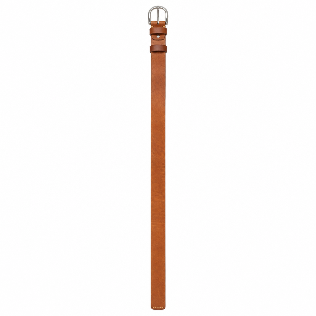 Tan leather belt with rounded silver buckle on white