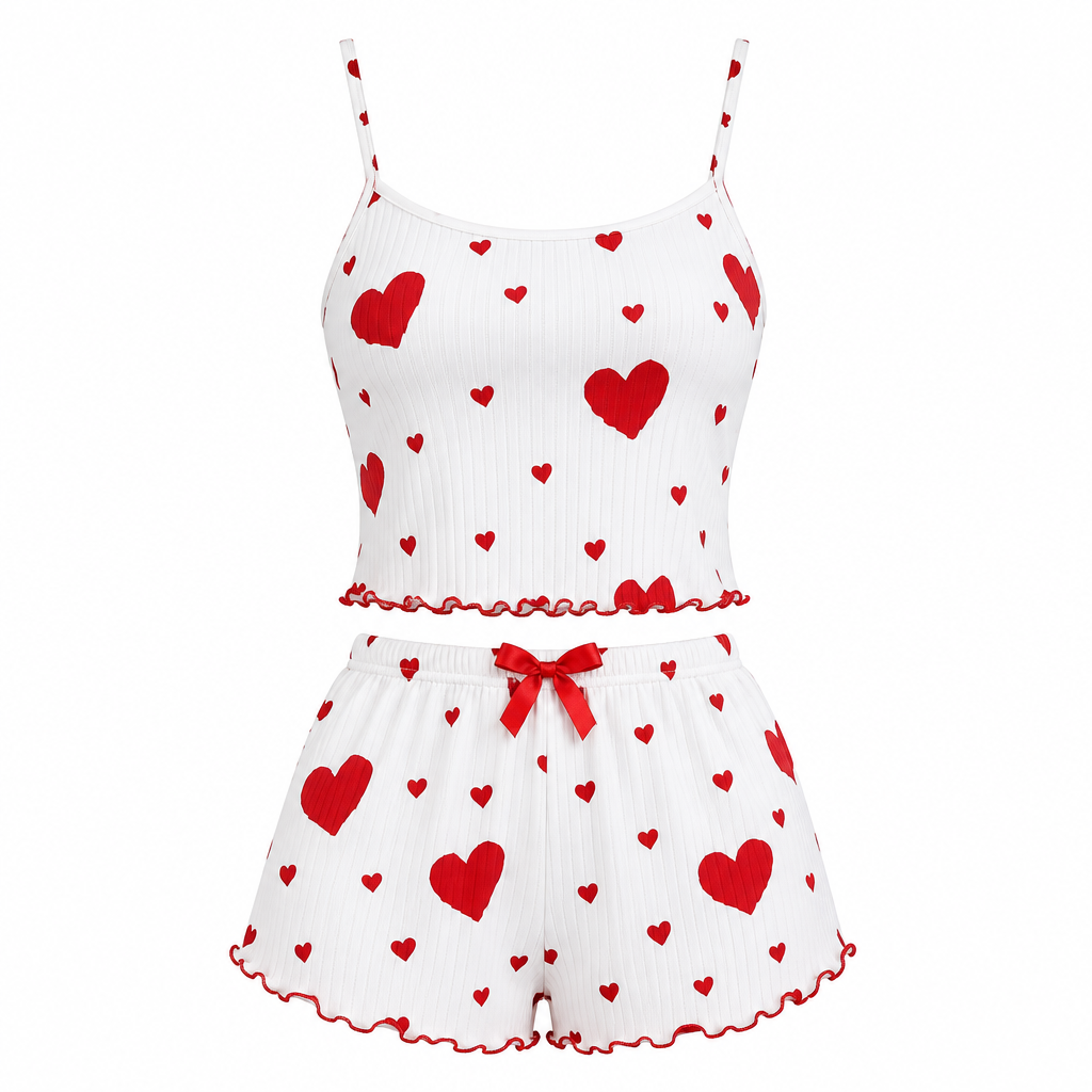 2-Piece Heart Print Cami Pyjama Set – White Red Hearts