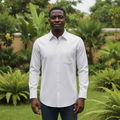 Nigerian model wearing White Classic Collar Dress Shirt – Front View