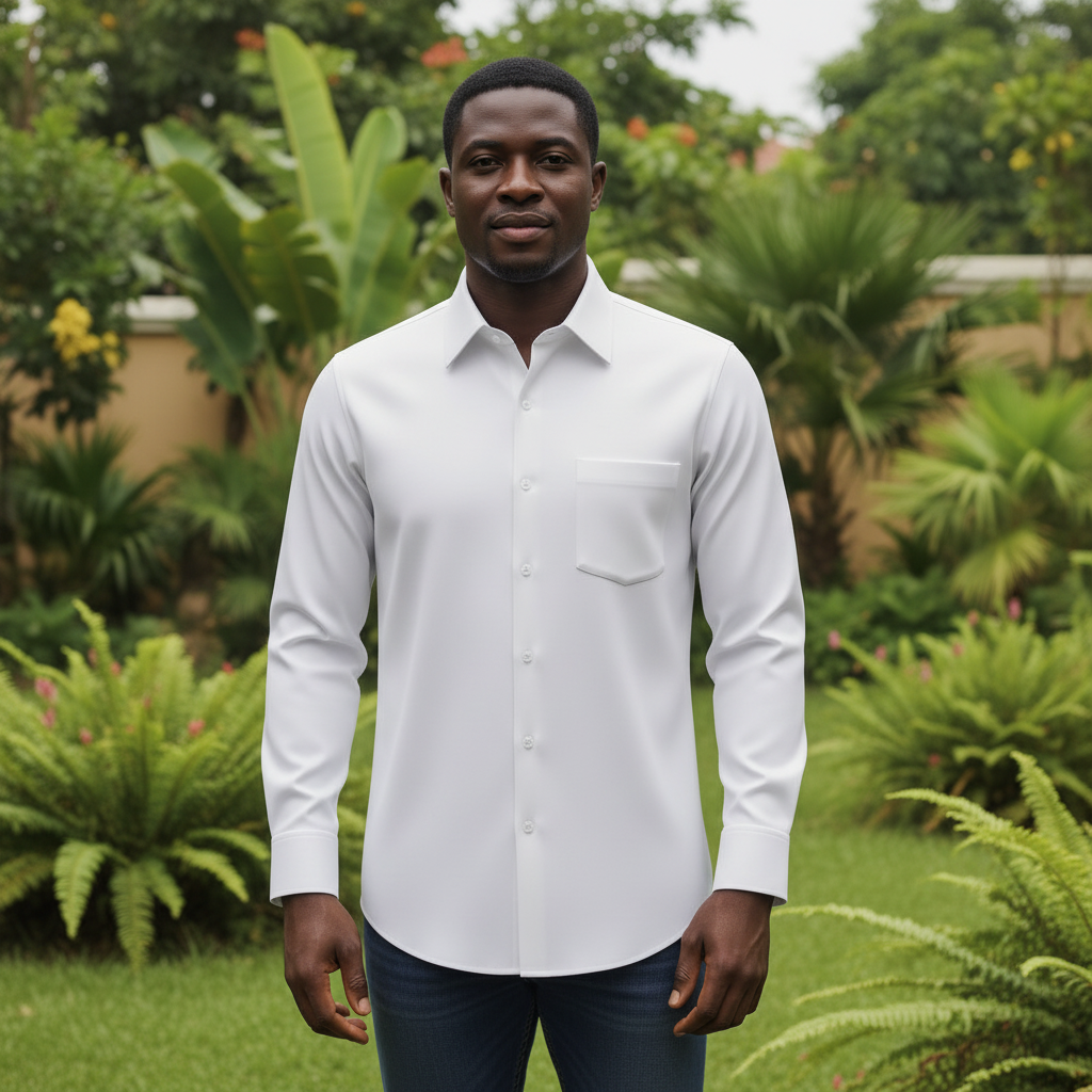 Nigerian model wearing White Classic Collar Dress Shirt – Front View
