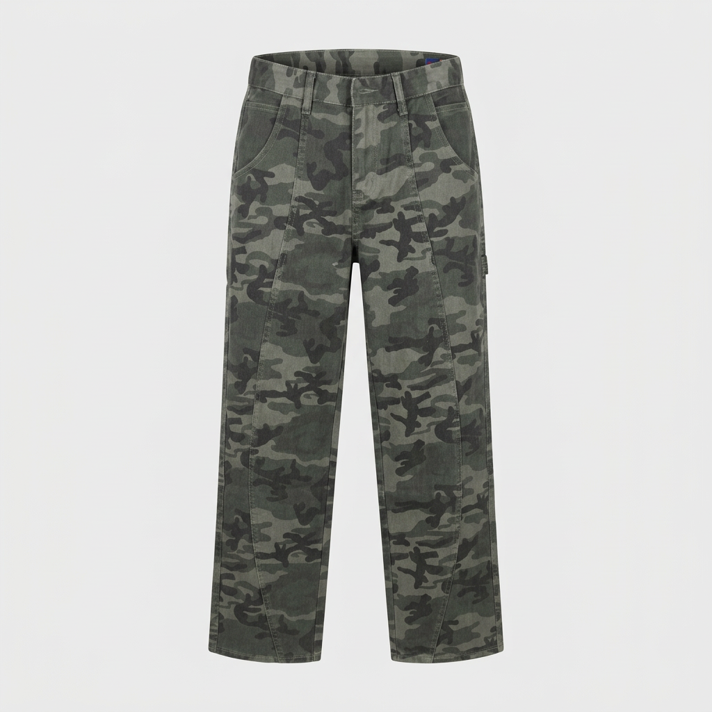 Green and grey camouflage straight-leg trousers, front ghost mannequin view
