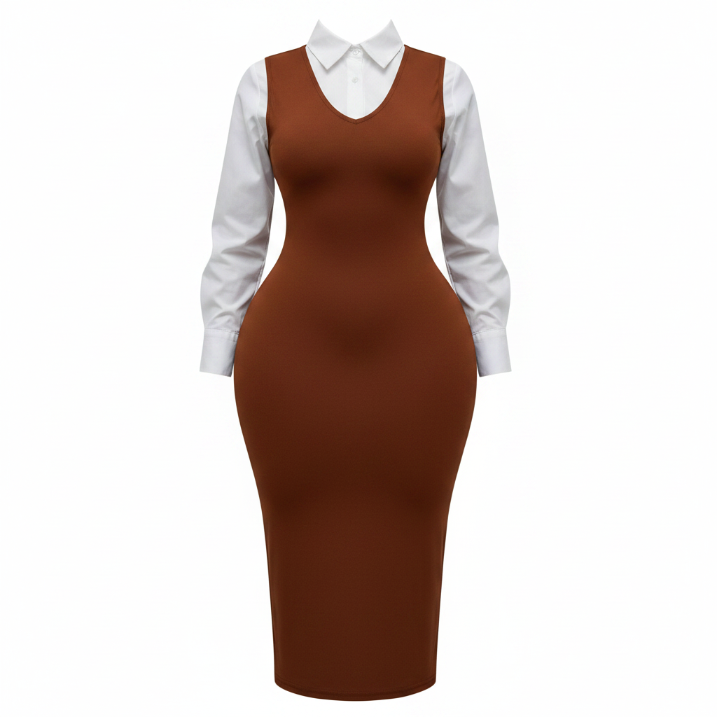 Women's Brown Pinafore Midi Dress & White Shirt Co-ord Set - Ghost Mannequin