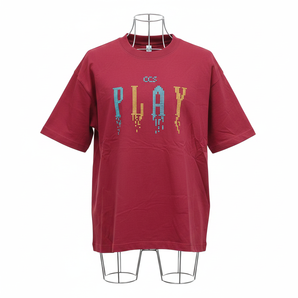 Red OCS Play Pixel Graphic Oversized Tee - Ghost Mannequin Front