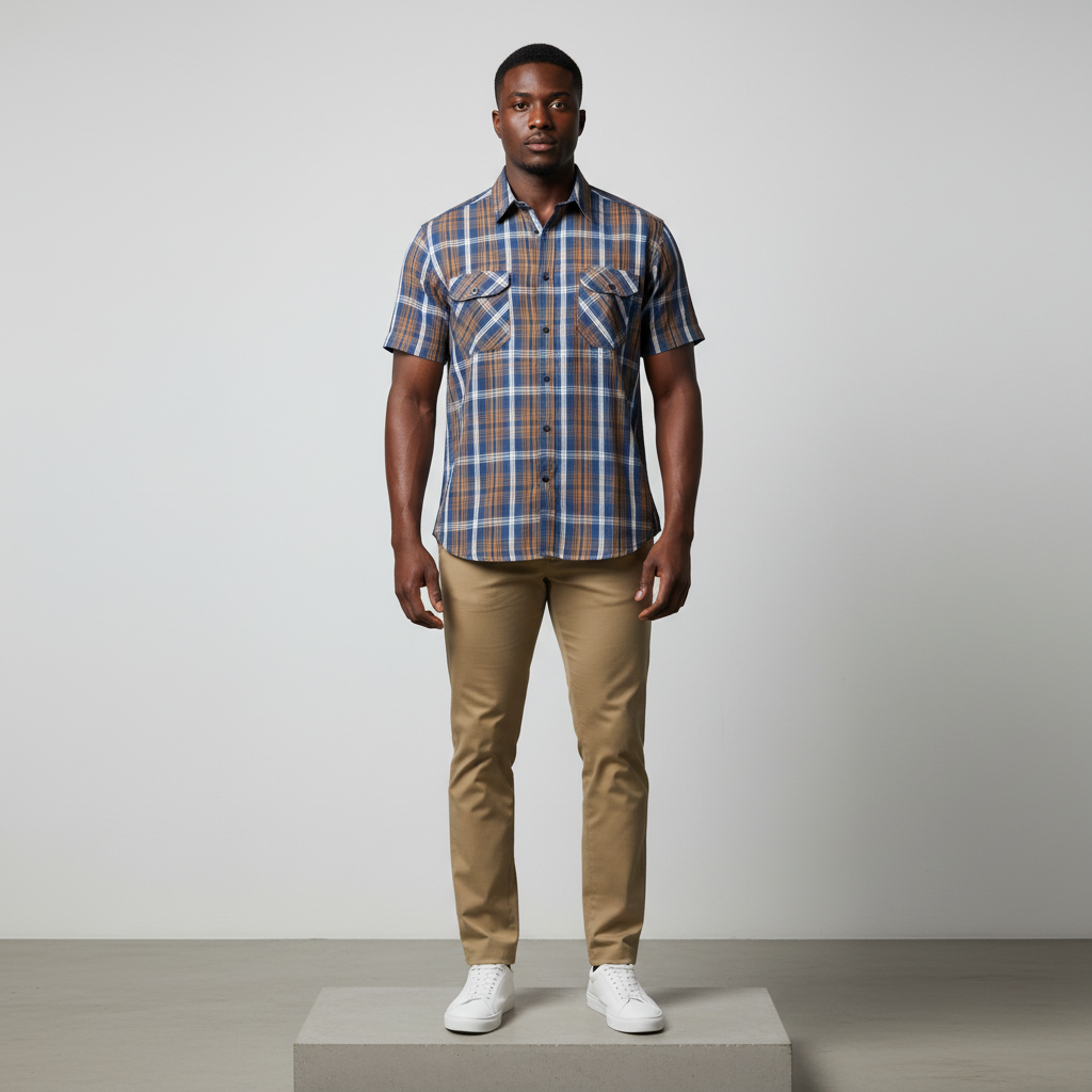 Navy Tan White Plaid Short-Sleeved Shirt - Model Shot
