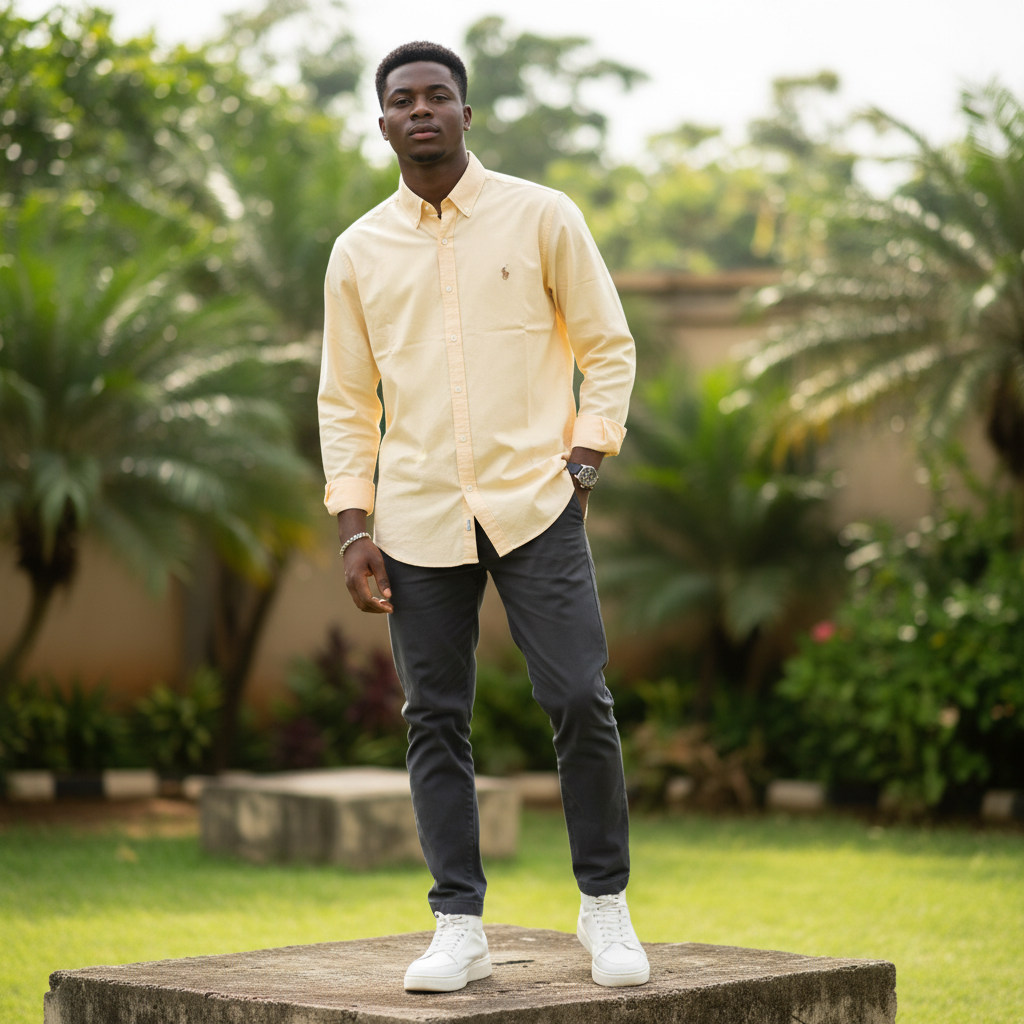 Nigerian male model wearing men's pale lemon yellow long-sleeve button-down casual shirt, garden setting