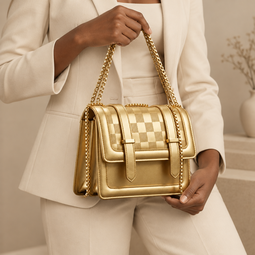 Black woman holding metallic gold checker-panel chain shoulder bag