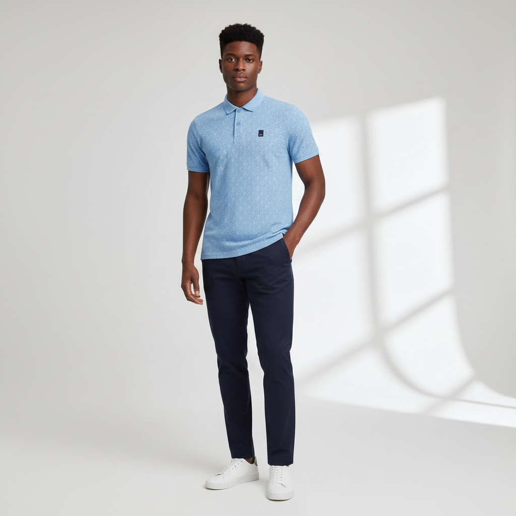Nigerian model wearing sky blue jacquard polo shirt