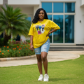Women's yellow pop-art cartoon oversized tee - female model shot