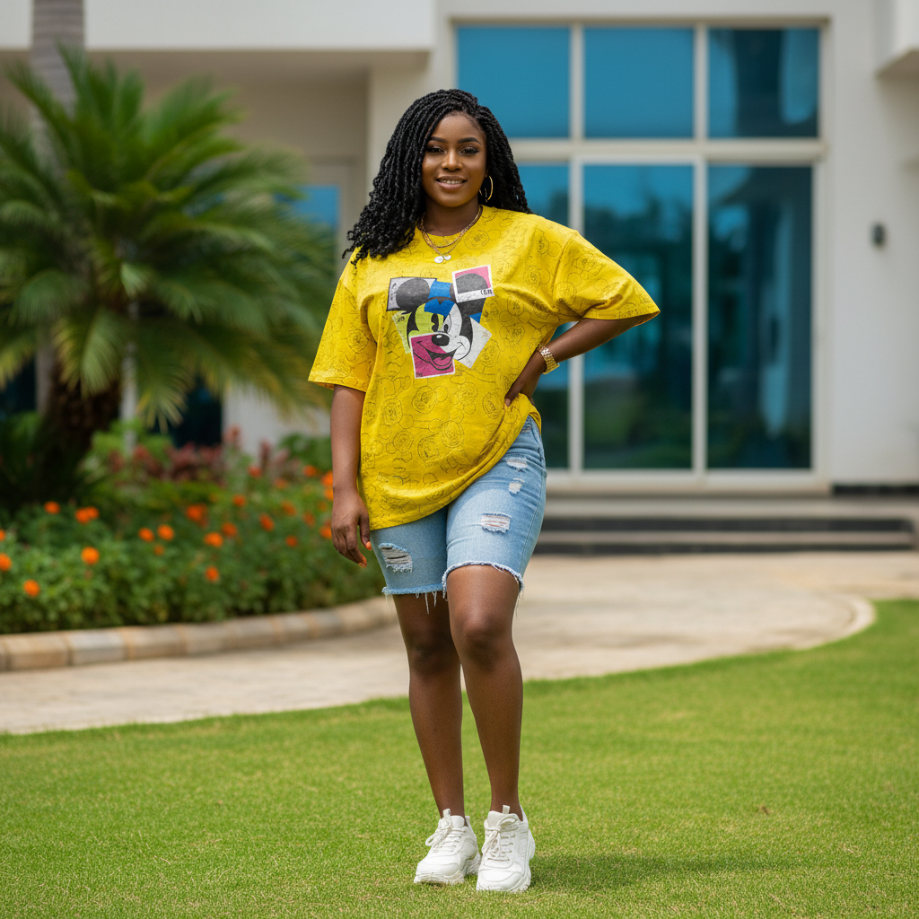 Women's yellow pop-art cartoon oversized tee - female model shot
