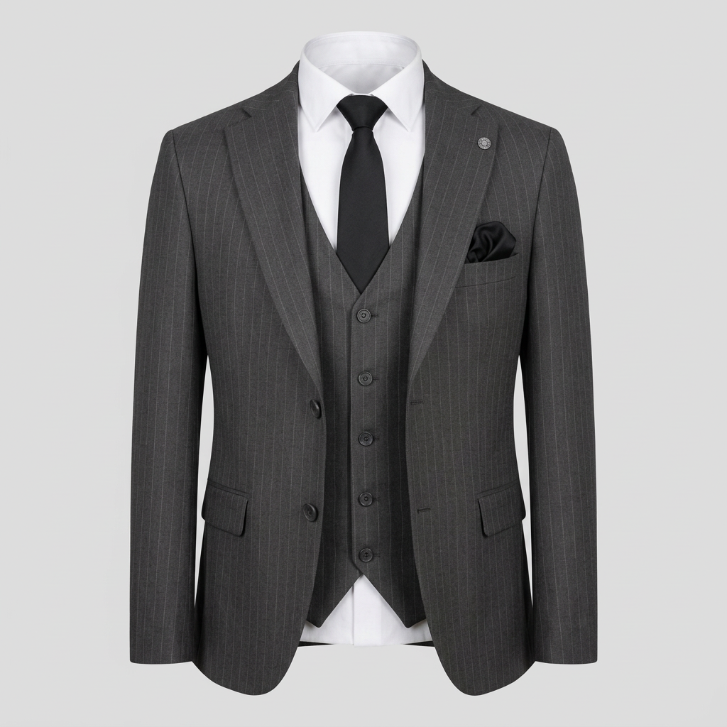 Charcoal grey striped suit jacket and waistcoat in ghost mannequin styling