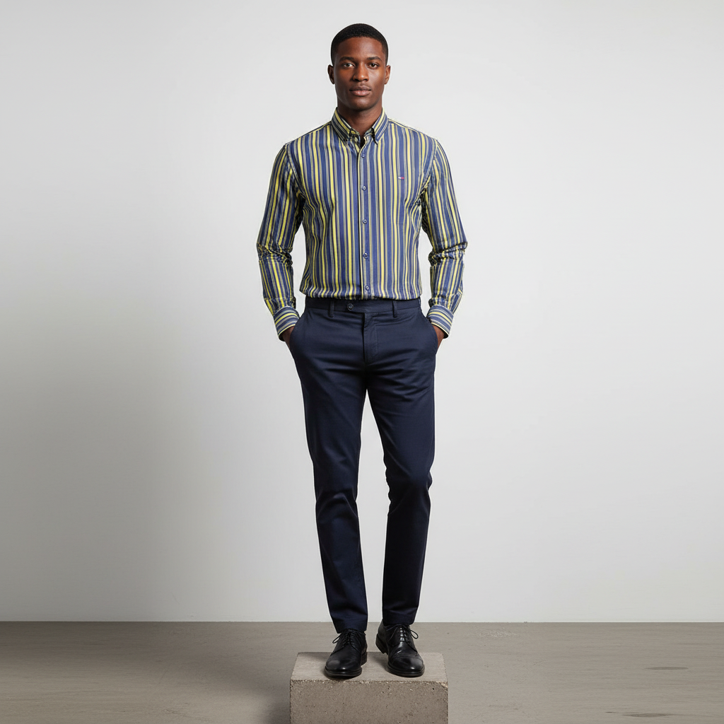 Navy Yellow Striped Long-Sleeved Shirt - Model Shot