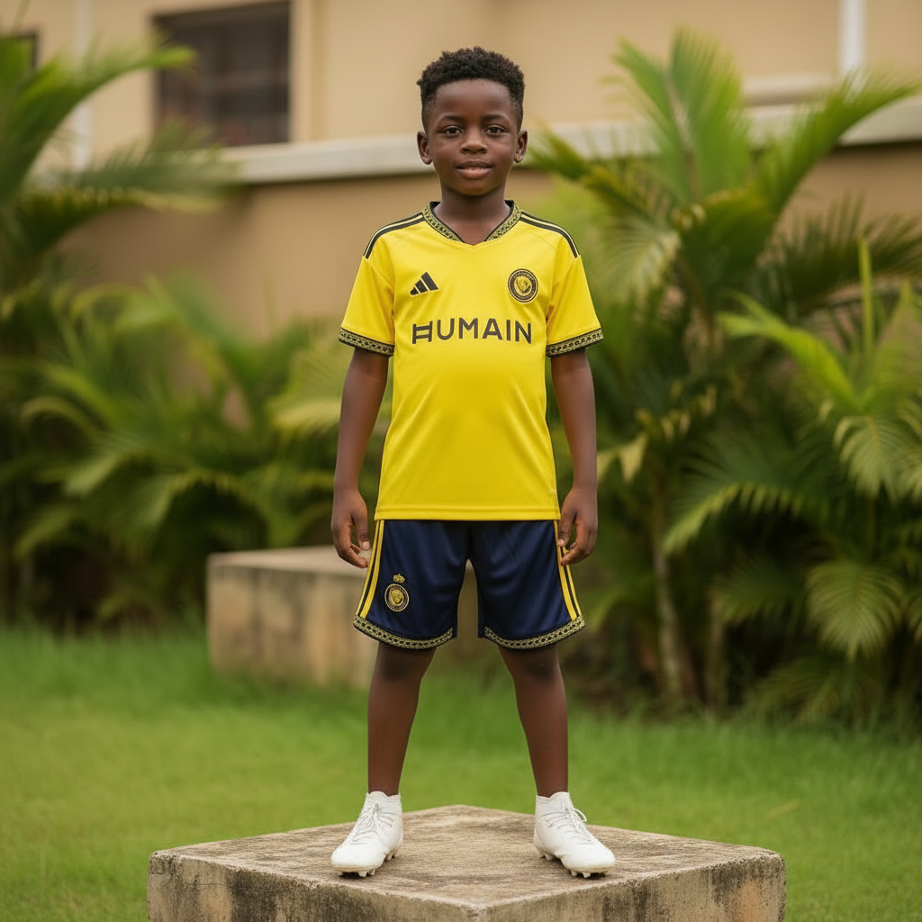 Nigerian child model wearing yellow football jersey set with white football boots – full body shot