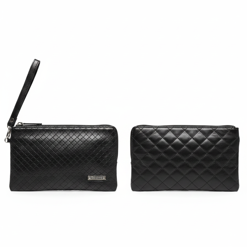Baldinini black diamond-quilted leather men's clutch ghost mannequin front and back view