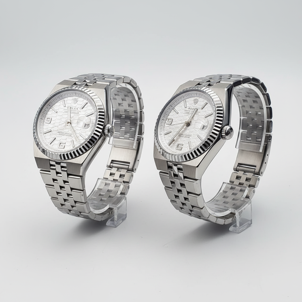 White honeycomb dial full silver steel couple watch — ghost mannequin front and side view