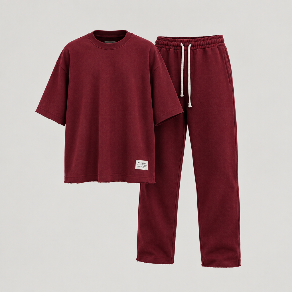 Burgundy oversized t-shirt and jogger tracksuit set, ghost mannequin front view
