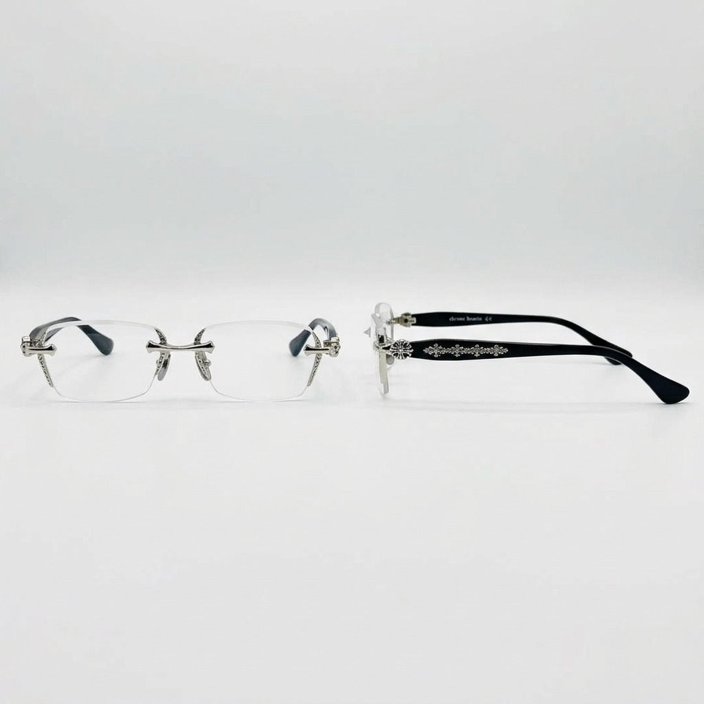 Clear-lens rimless rectangular glasses with silver-tone details, front and side views
