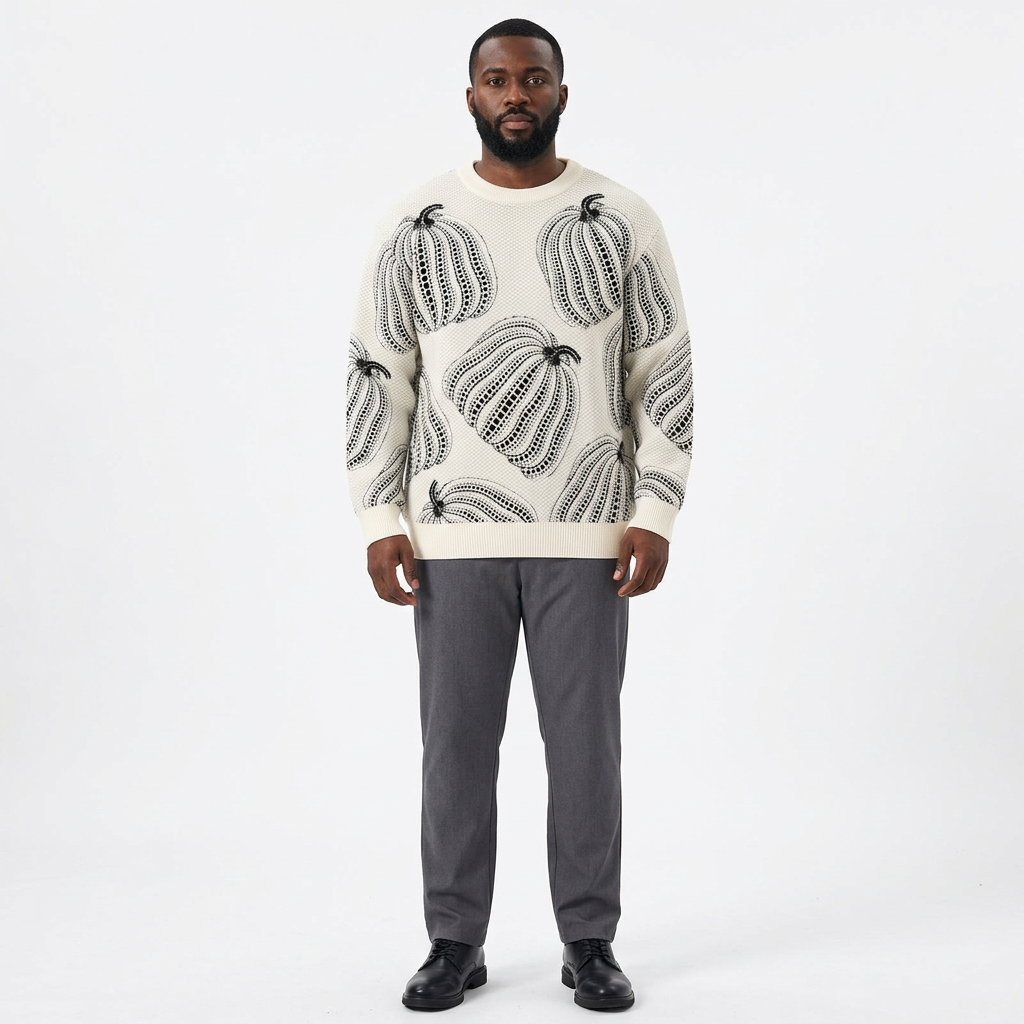 Full-body male model wearing a cream black pumpkin-pattern knit sweater