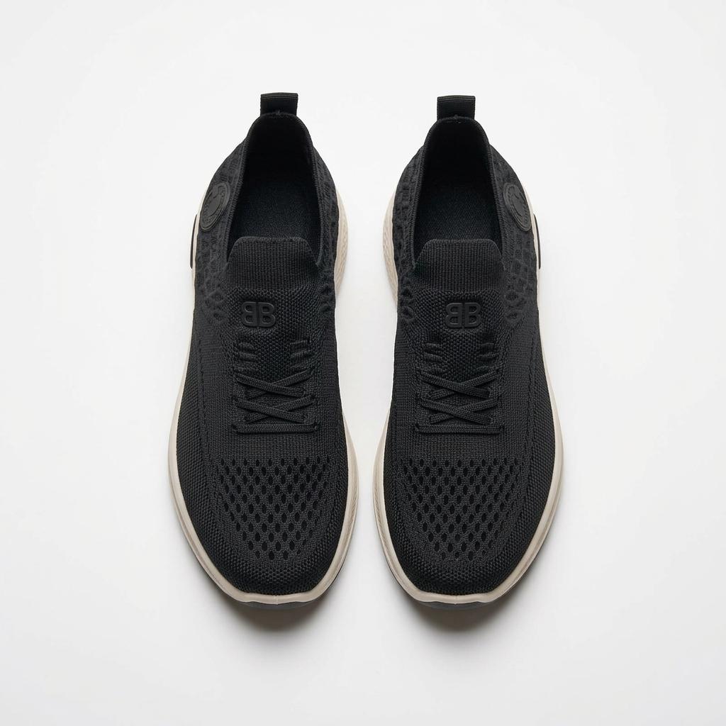 Black knit lace-up sneaker pair on white
