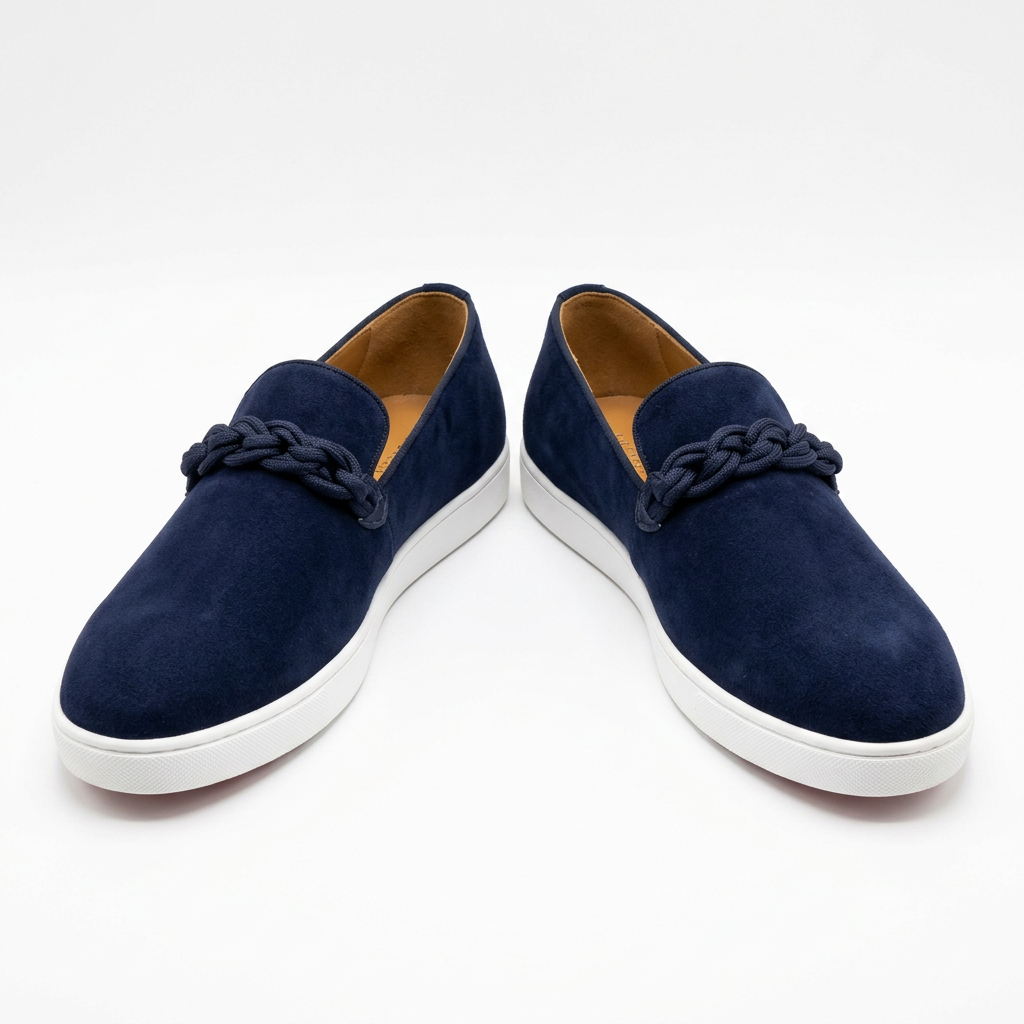 Pair of navy chain-detail slip-on shoes with white soles