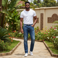 Nigerian male model wearing medium-wash blue denim straight-leg jeans