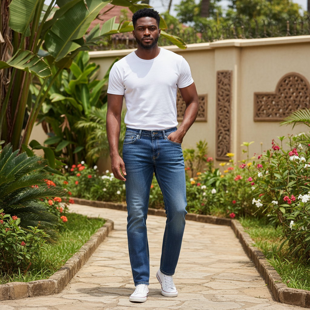 Nigerian male model wearing medium-wash blue denim straight-leg jeans