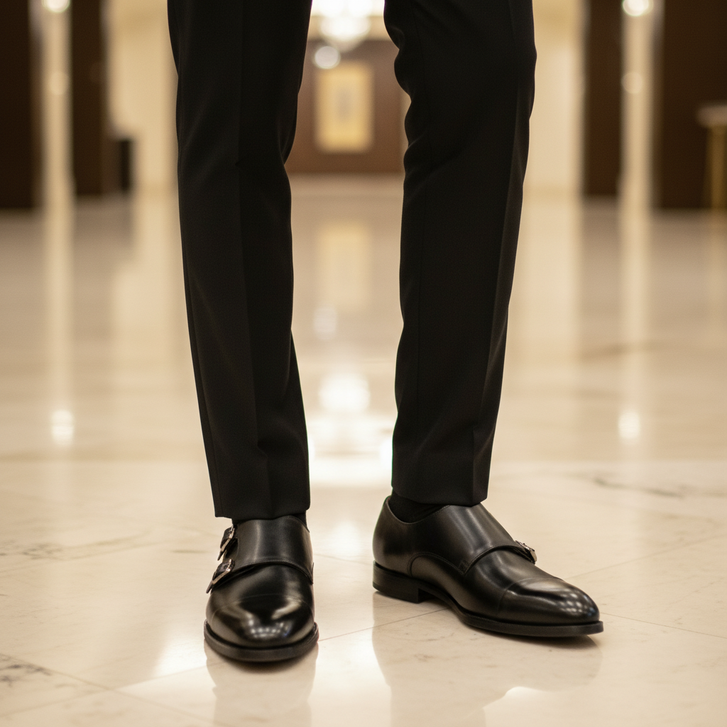 Nigerian male model wearing black polished leather double monk strap dress shoes, tight zoomed-in boardroom-luxury leg focus lifestyle shot