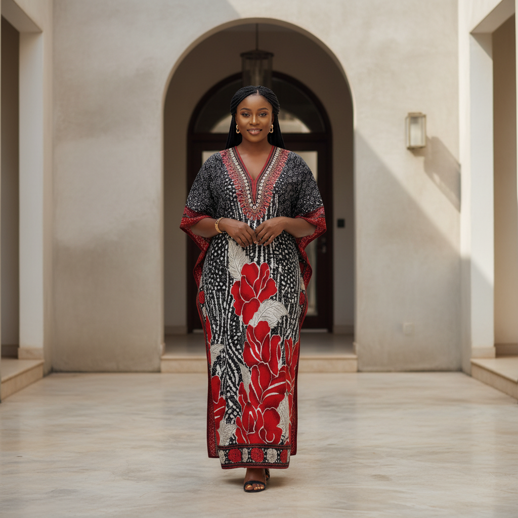 Floral Batik Print Kaftan Dress - Front Model View