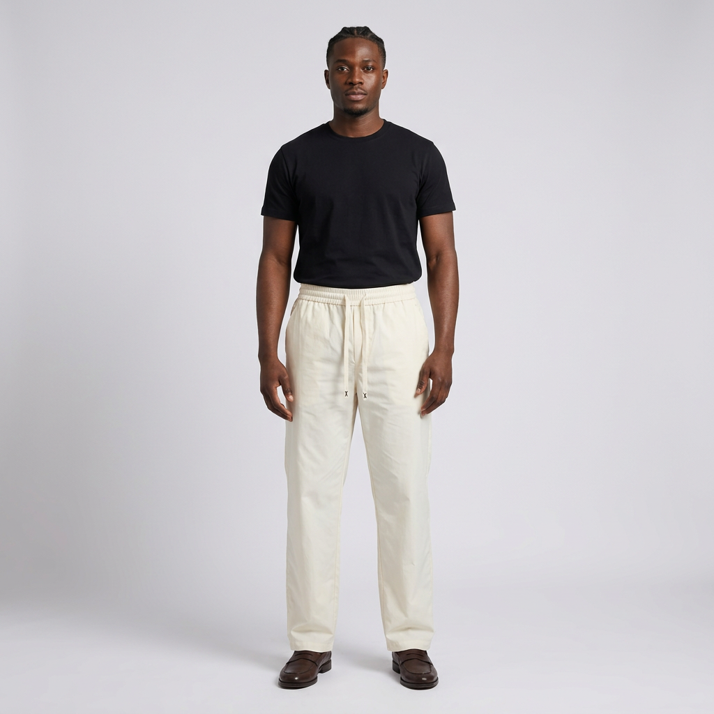 Full-body male model wearing cream drawstring trousers