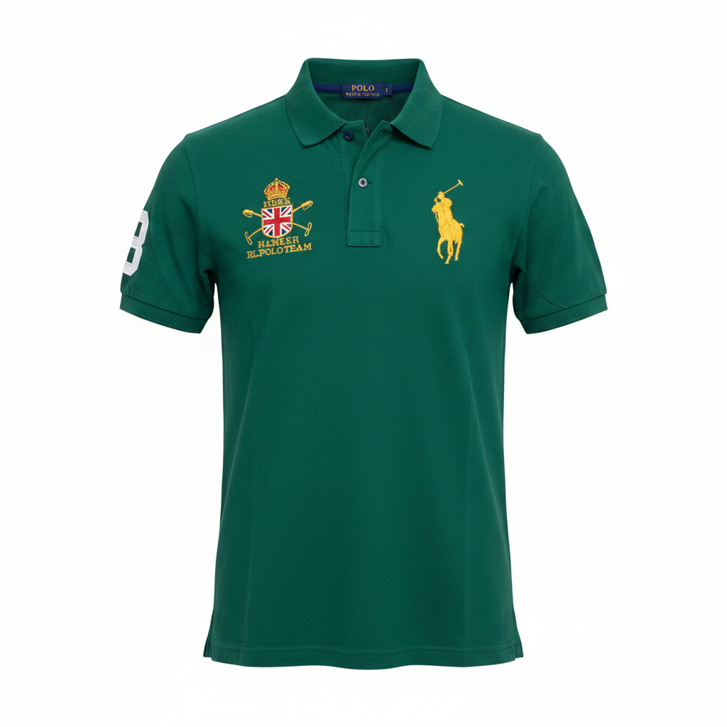 Men's forest green big pony polo shirt with Union Jack crest badge, ghost mannequin front view