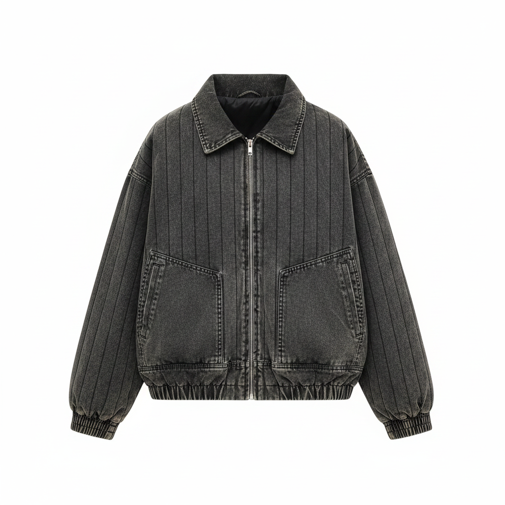 Men's Dark Grey Acid-Washed Denim Padded Bomber Jacket – Ghost Mannequin Front View