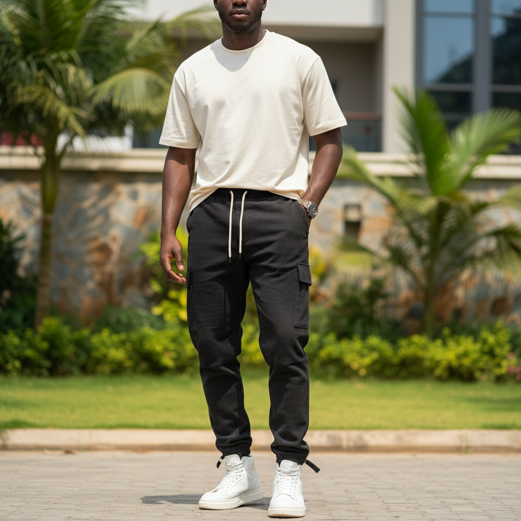 Nigerian male model wearing black ribbed utility jogger pants with zip waist and clip hardware
