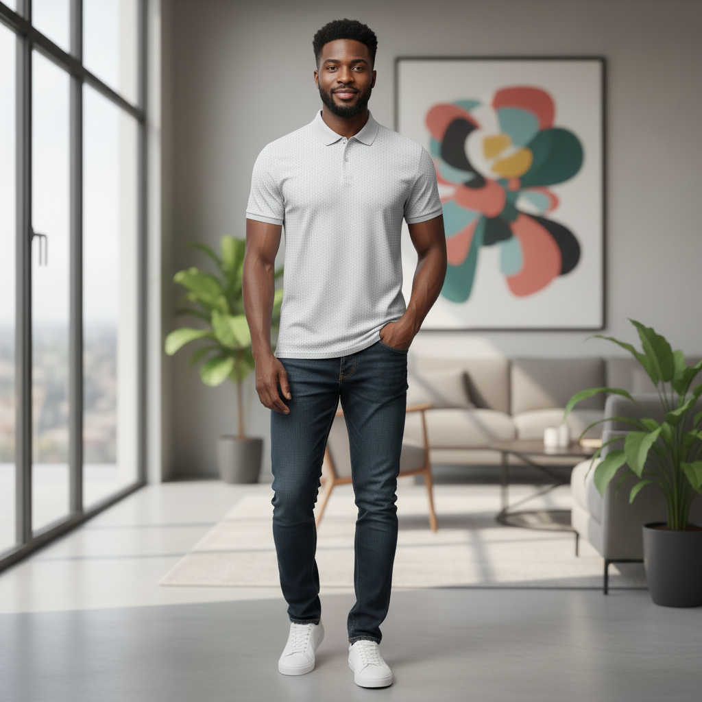 Young Nigerian male model wearing classic grey pique polo shirt