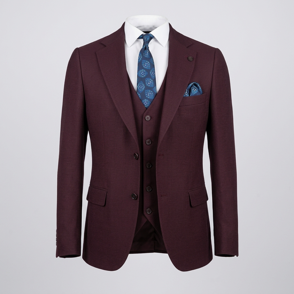 Burgundy textured suit jacket and waistcoat in ghost mannequin styling