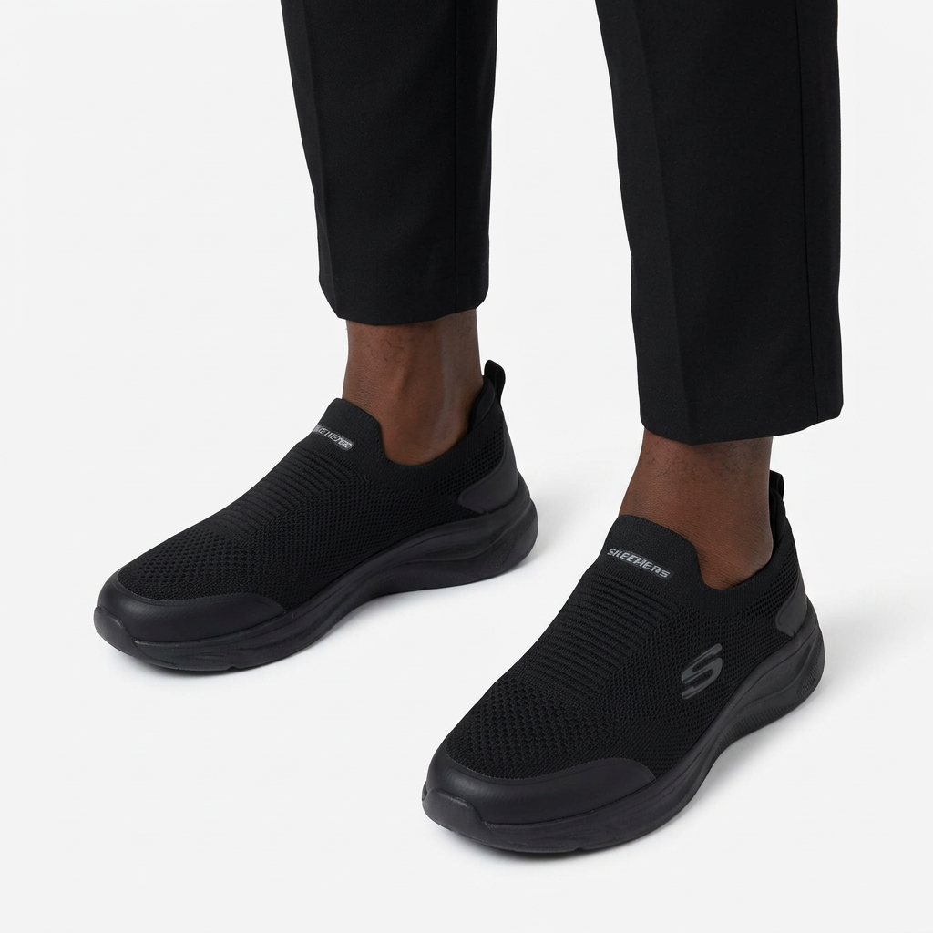 Black knit slip-on sneakers worn by a Nigerian male model with both feet visible