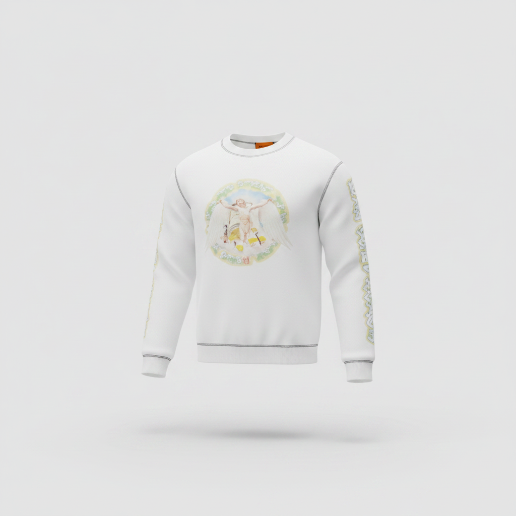Ghost mannequin view of the white graphic print sweatshirt