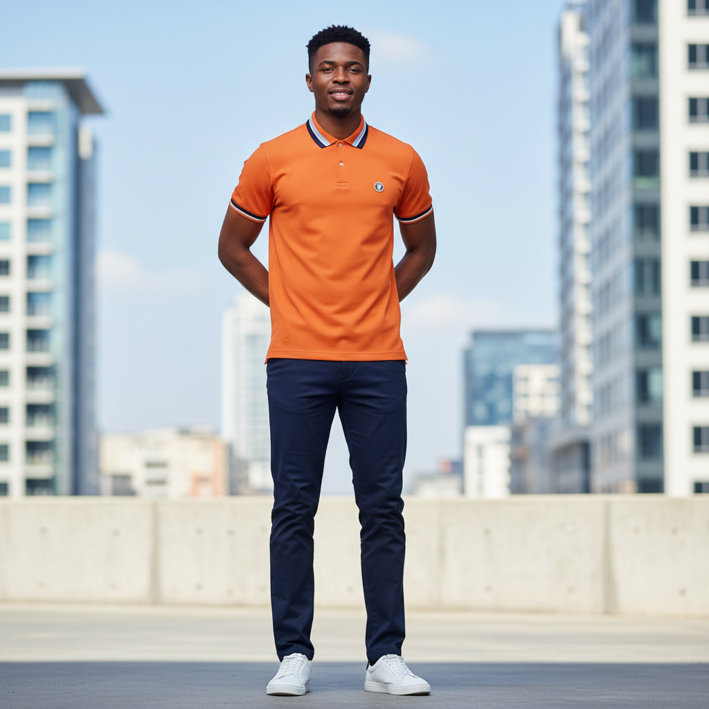 Young Nigerian male model wearing orange tipped collar polo shirt