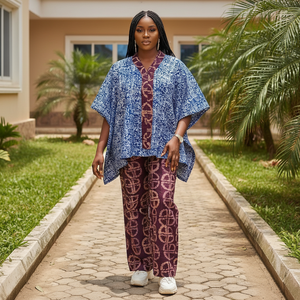 Women's Blue & Burgundy Batik Bubu Set – Nigerian Female Model