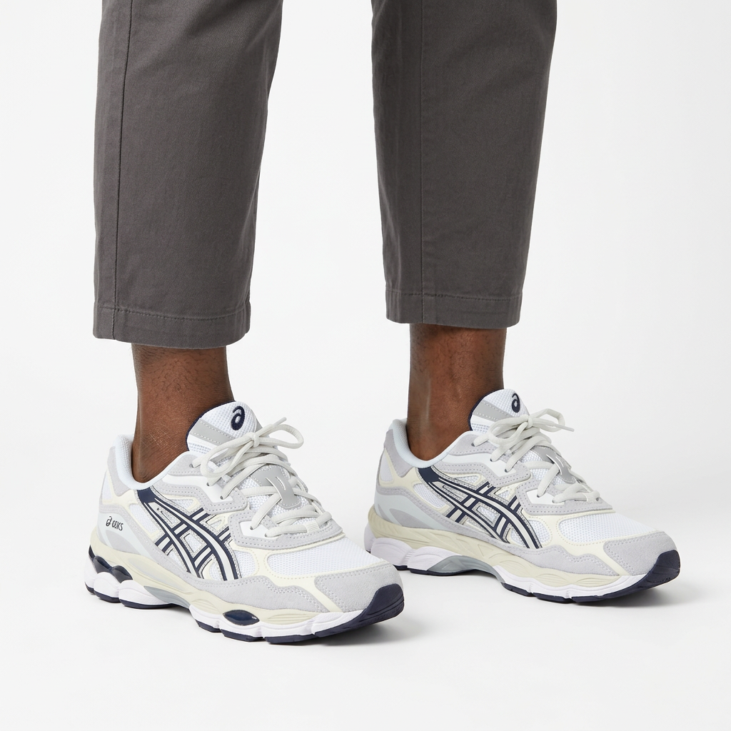 Both silver-white mesh sneakers worn by a Nigerian male model on white