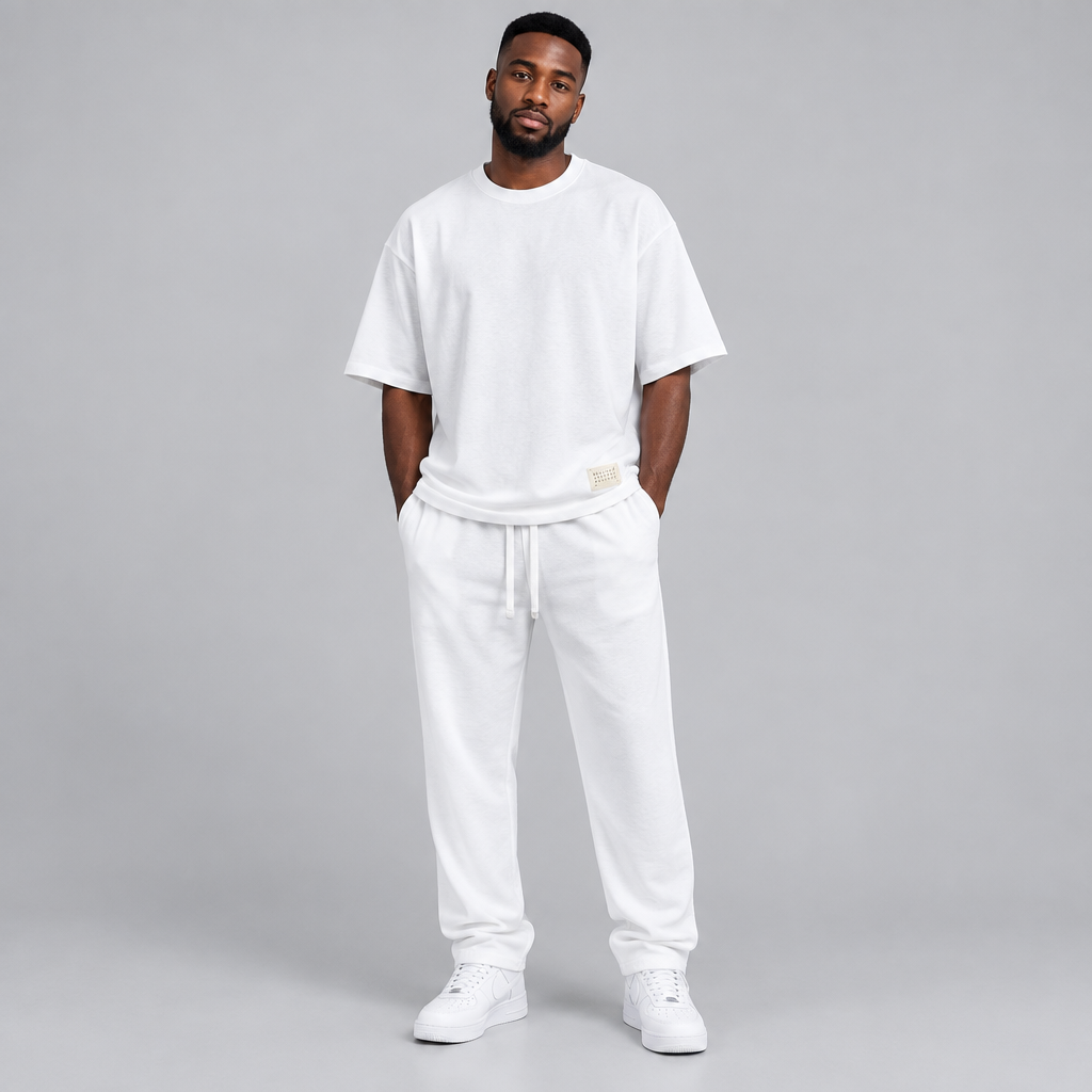 Nigerian male model wearing white oversized t-shirt and jogger tracksuit set