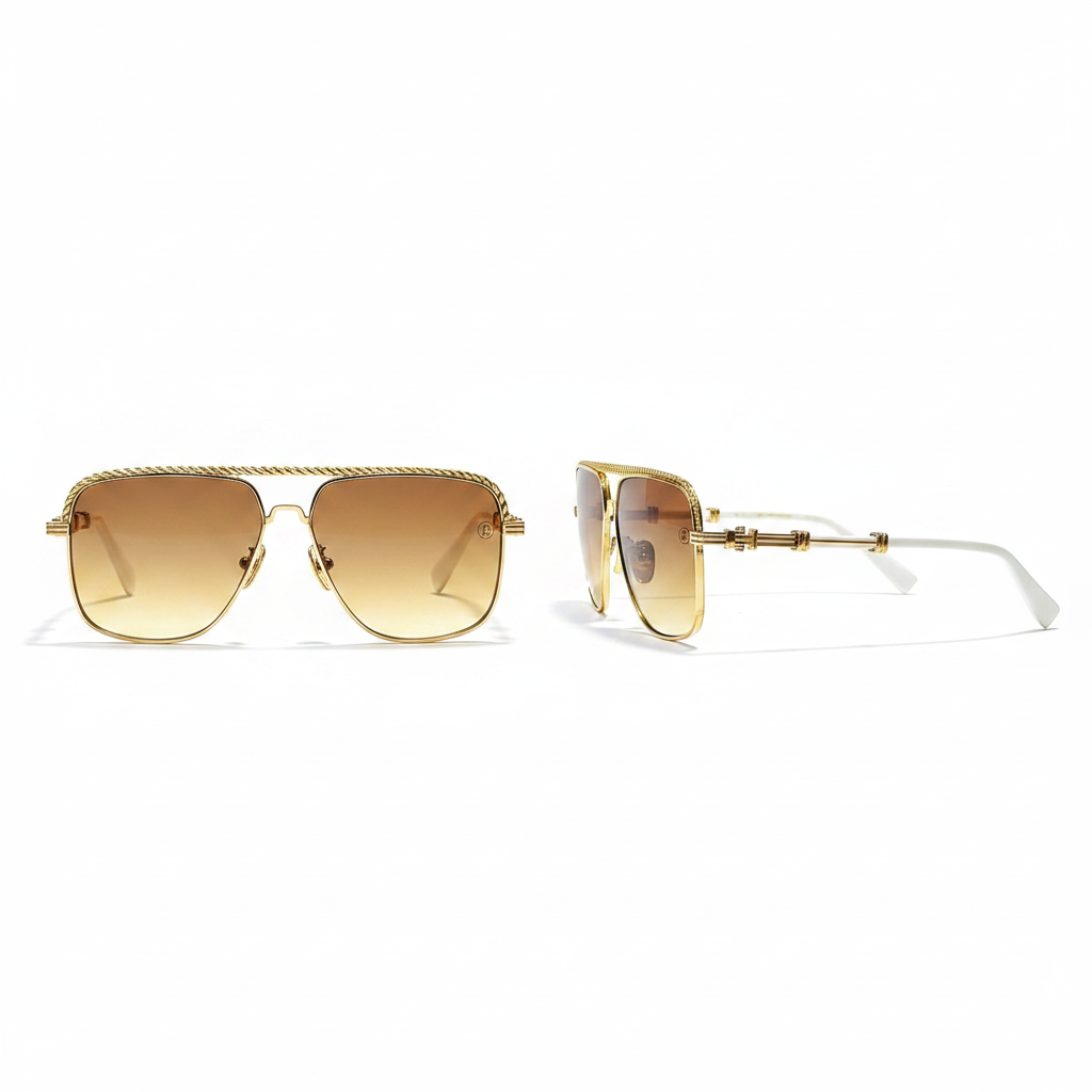 Unisex square navigator sunglasses with gold frame, ornate braided brow bar, white acetate temples and gradient amber lenses – front and side ghost mannequin view on white background