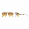 Unisex square navigator sunglasses with gold frame, ornate braided brow bar, white acetate temples and gradient amber lenses – front and side ghost mannequin view on white background